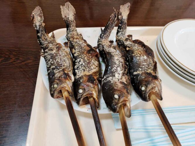 仁王尊プラザで釣れる魚と新鮮なマスの塩焼きなどの食事